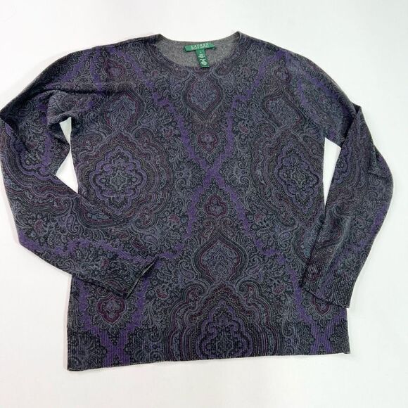 Lauren Ralph Lauren Silk Cashmere Sweater Womens Large Paisley Print Ribbed Wool - Picture 1 of 10